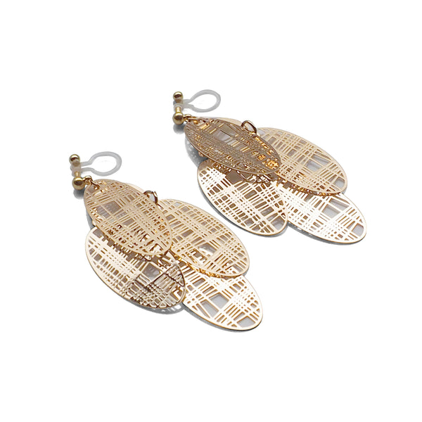 Gold gingham check filigree invisible clip on earrings - Miyabi Grace