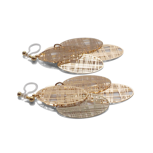 Gold gingham check filigree invisible clip on earrings - Miyabi Grace