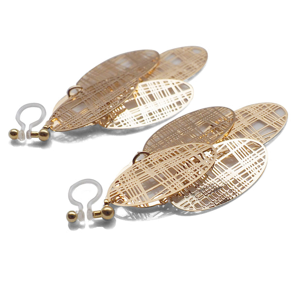Gold gingham check filigree invisible clip on earrings - Miyabi Grace