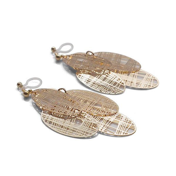 Gold gingham check filigree invisible clip on earrings - Miyabi Grace