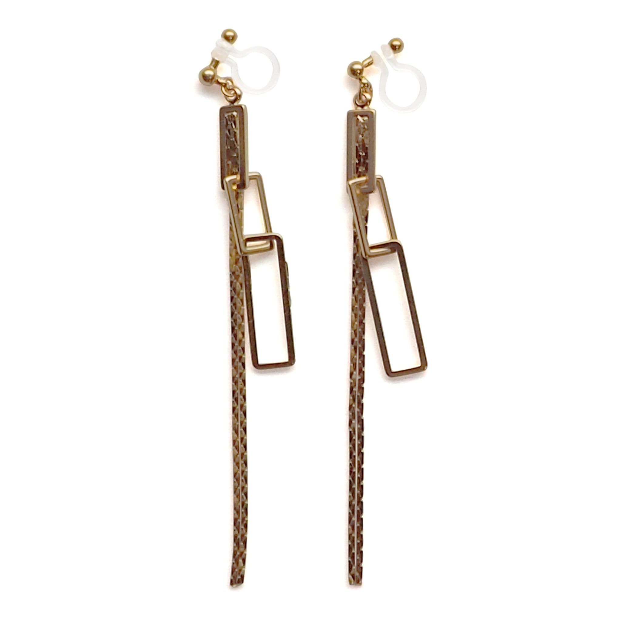 Gold chain and rectangular motif invisible clip on earrings - Miyabi Grace