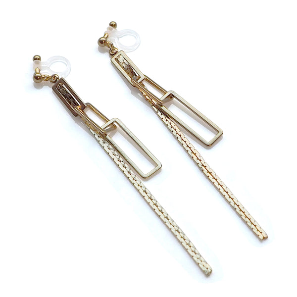 Gold chain and rectangular motif invisible clip on earrings - Miyabi Grace