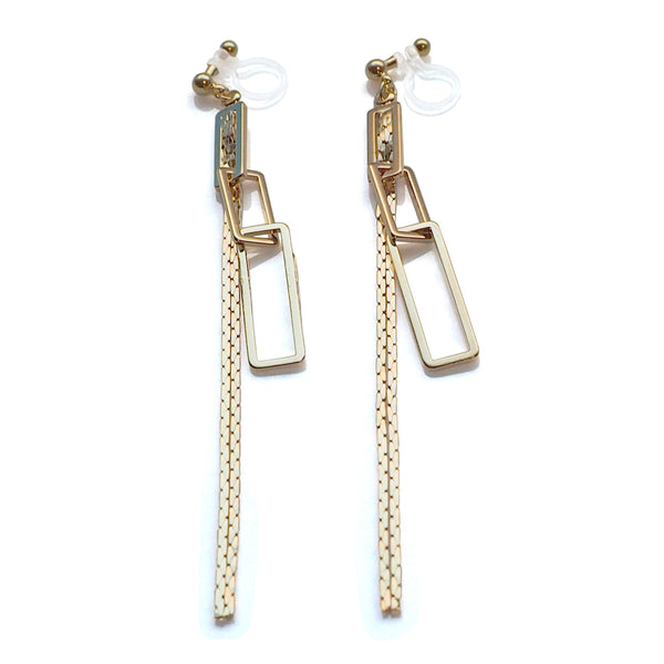 Gold chain and rectangular motif invisible clip on earrings - Miyabi Grace