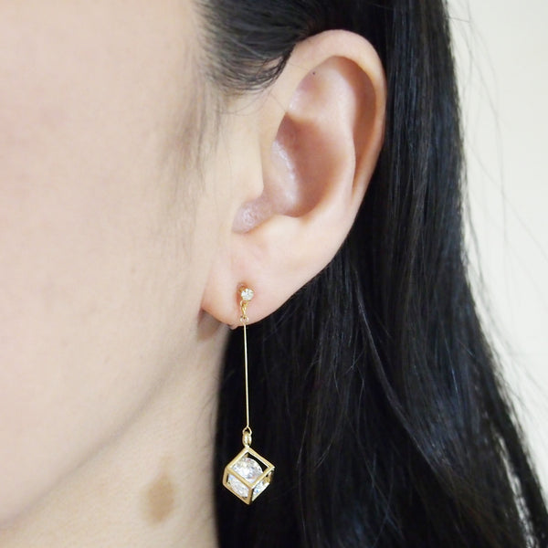 Cubic zirconia crystal in gold cube invisible clip on earrings - Miyabi Grace