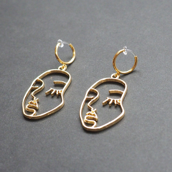 Gold human face clip on hoop earrings - Miyabi Grace