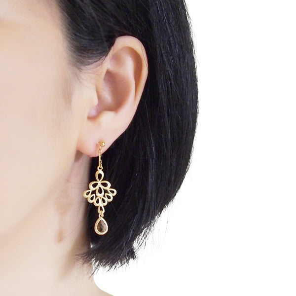 Gold peacock feather with brown teardrop glass invisible clip on earrings - Miyabi Grace