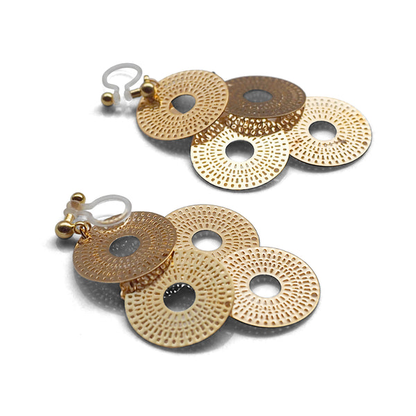 Dangle gold circle filigree invisible clip on earrings - Miyabi Grace