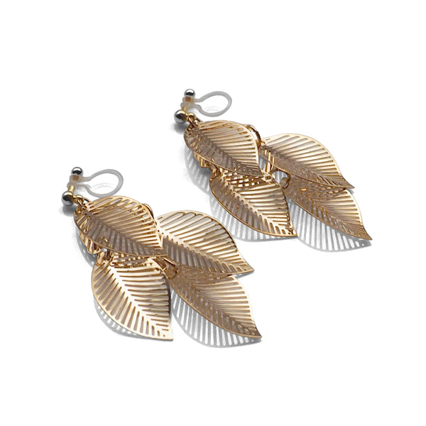 Gold four leaf filigree invisible clip on earrings - Miyabi Grace