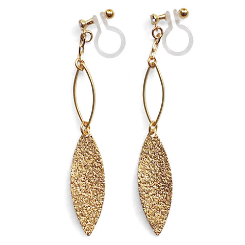 Gold textured metallic leaf invisible clip on earrings - Miyabi Grace