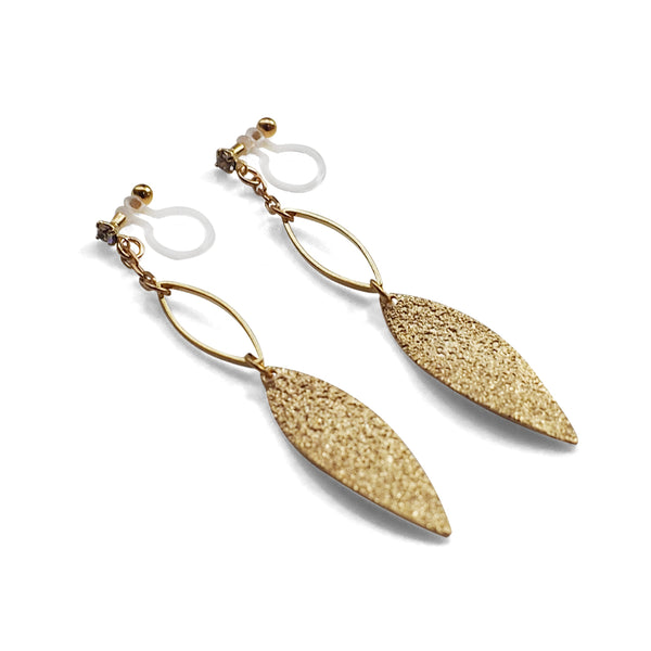 Gold textured metallic leaf invisible clip on earrings - Miyabi Grace