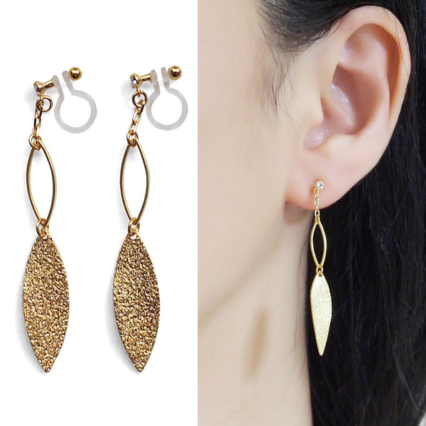 Gold textured metallic leaf invisible clip on earrings - Miyabi Grace