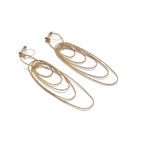 Dangle gold textured hoop invisible clip on earrings - Miyabi Grace