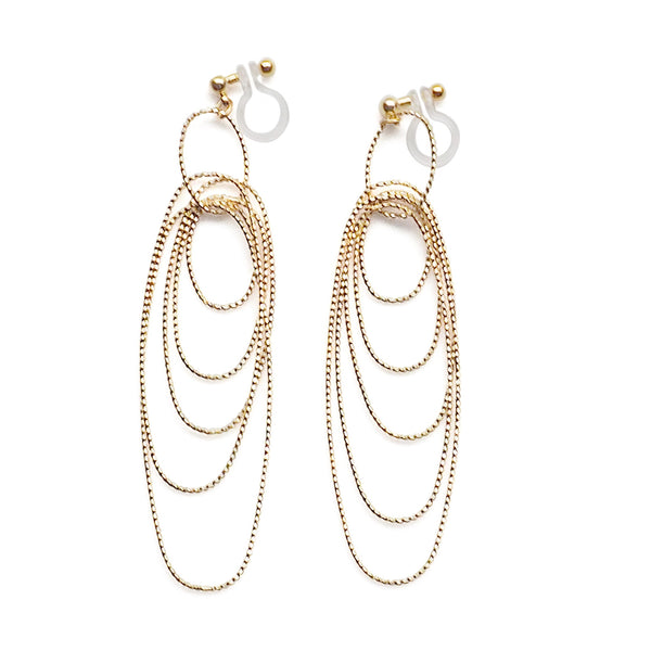 Dangle gold textured hoop invisible clip on earrings - Miyabi Grace