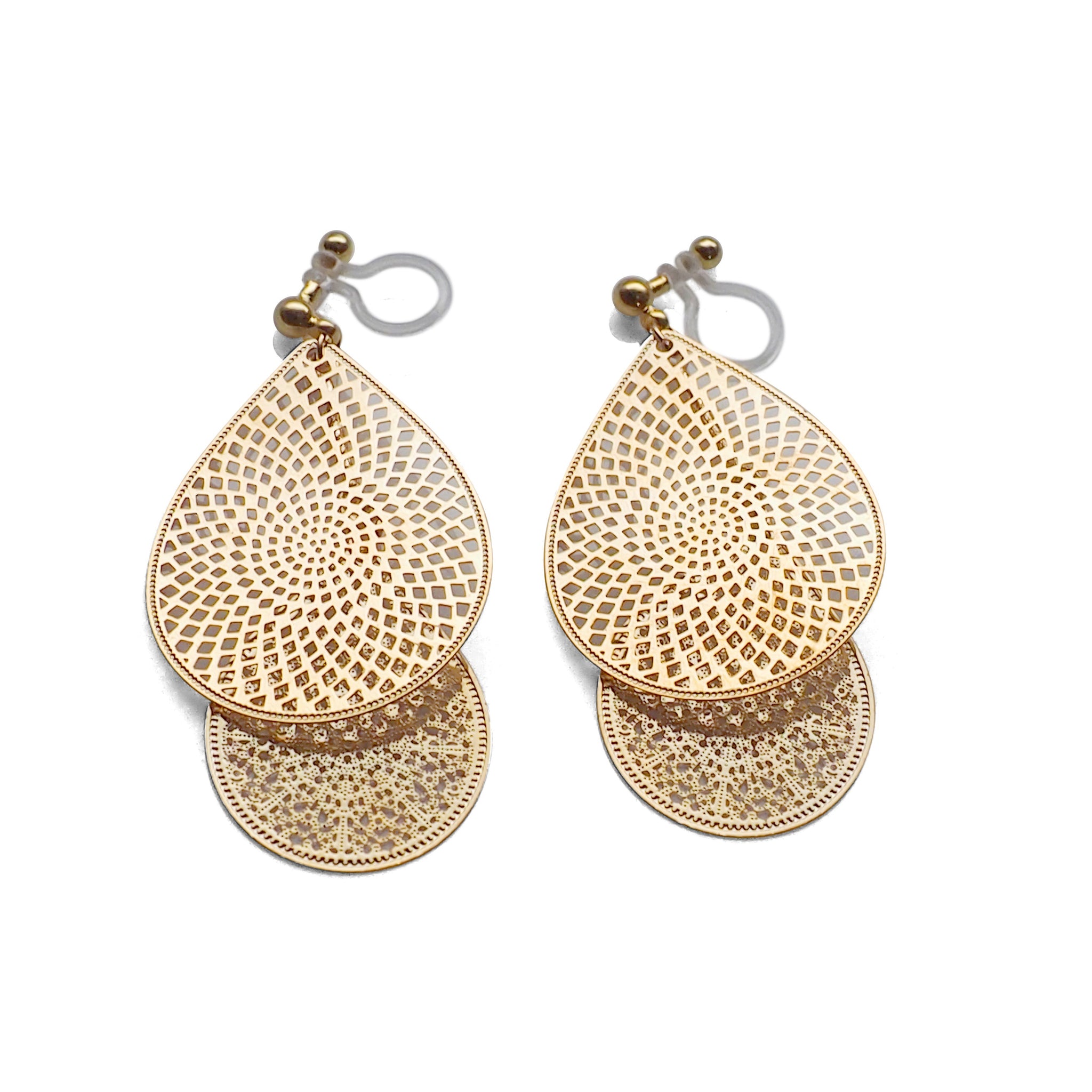 Dangle gold teardrop filigree invisible clip on earrings – Miyabi Grace