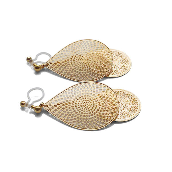 Dangle gold teardrop filigree invisible clip on earrings - Miyabi Grace
