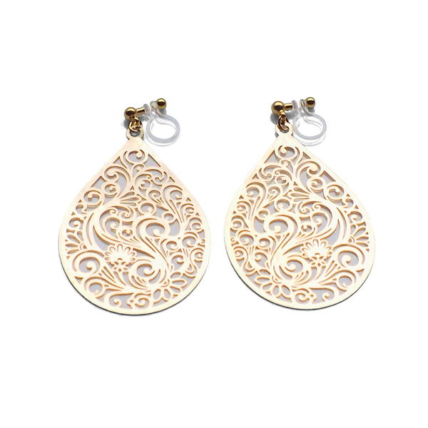 Large gold teardrop Victorian filigree invisible clip on earrings - Miyabi Grace