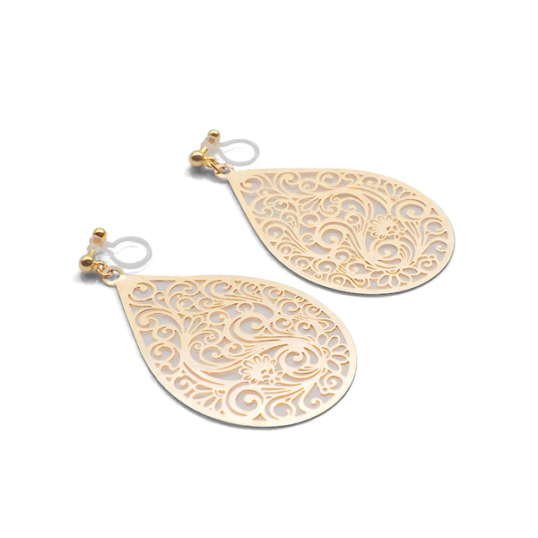 Large gold teardrop Victorian filigree invisible clip on earrings - Miyabi Grace