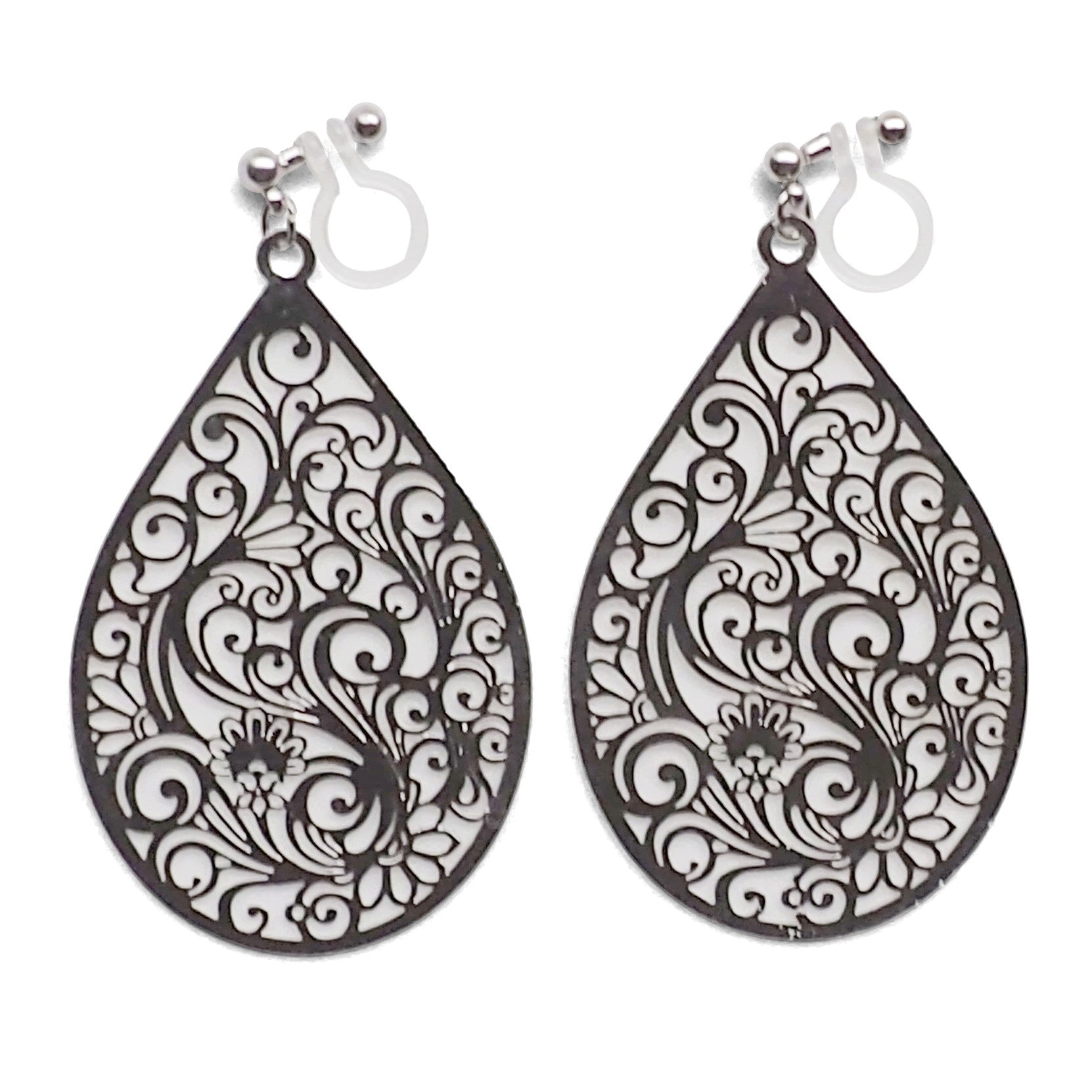 Large silver teardrop Victorian filigree invisible clip on earrings - Miyabi Grace