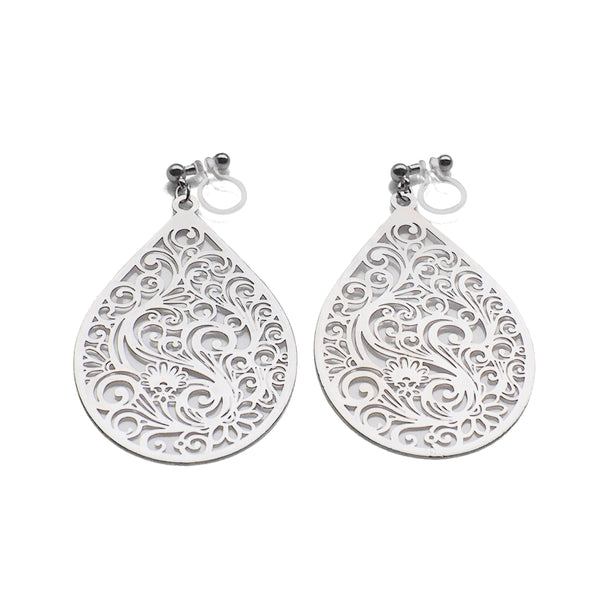 Large silver teardrop Victorian filigree invisible clip on earrings - Miyabi Grace