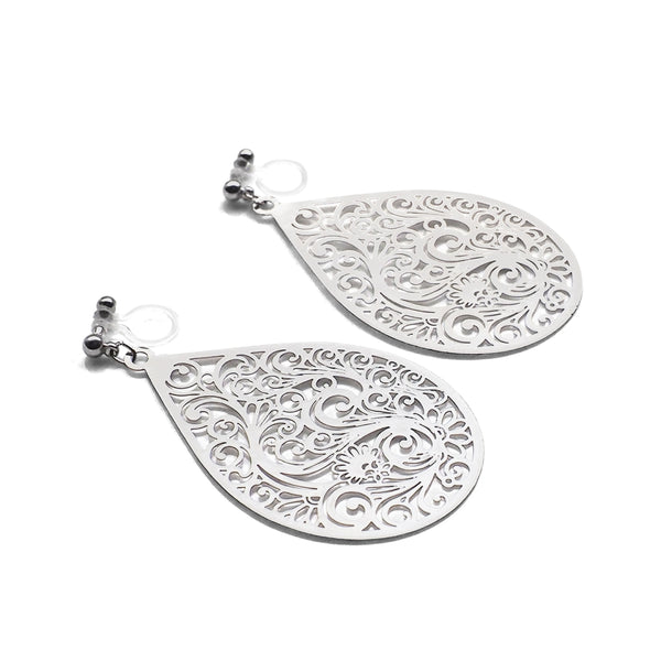 Large silver teardrop Victorian filigree invisible clip on earrings - Miyabi Grace