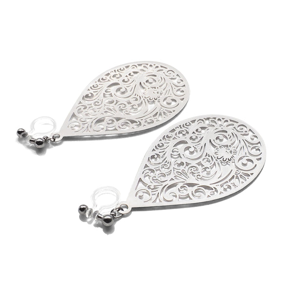 Large silver teardrop Victorian filigree invisible clip on earrings - Miyabi Grace