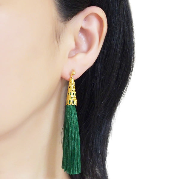 Long Green Tassel Invisible Clip On Earrings - Miyabi Grace