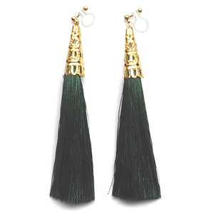 Long Green Tassel Invisible Clip On Earrings - Miyabi Grace