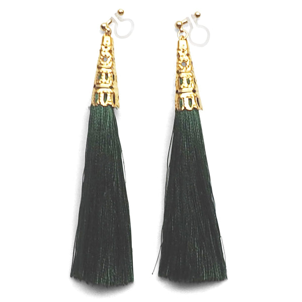 Long Green Tassel Invisible Clip On Earrings - Miyabi Grace