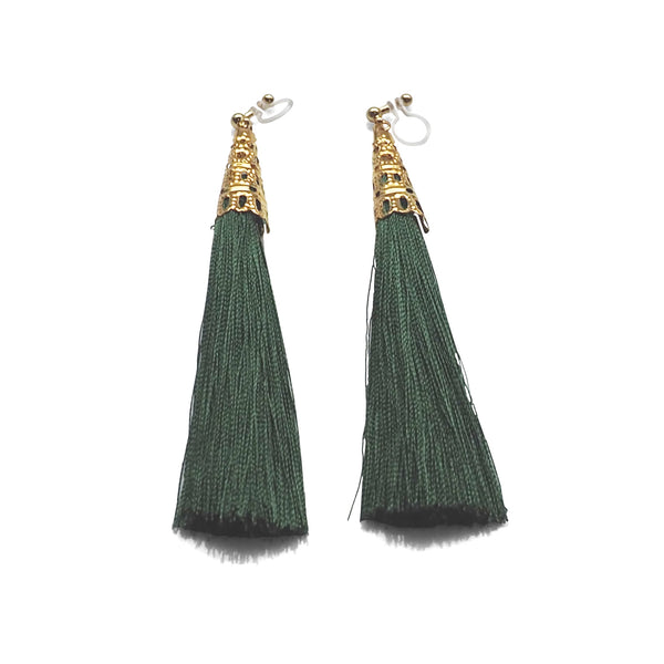 Long Green Tassel Invisible Clip On Earrings - Miyabi Grace