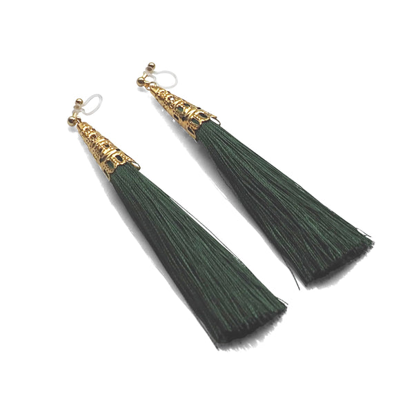 Long Green Tassel Invisible Clip On Earrings - Miyabi Grace