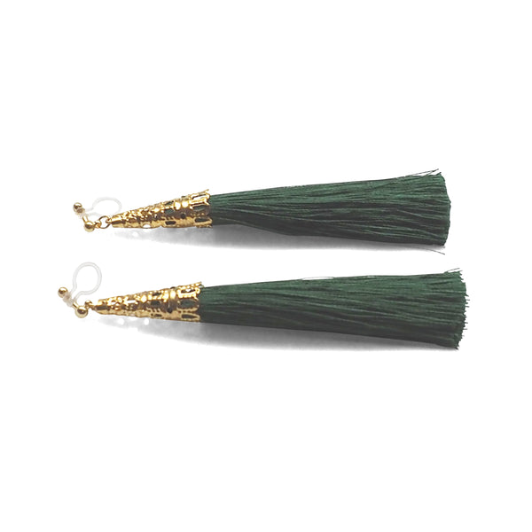 Long Green Tassel Invisible Clip On Earrings - Miyabi Grace