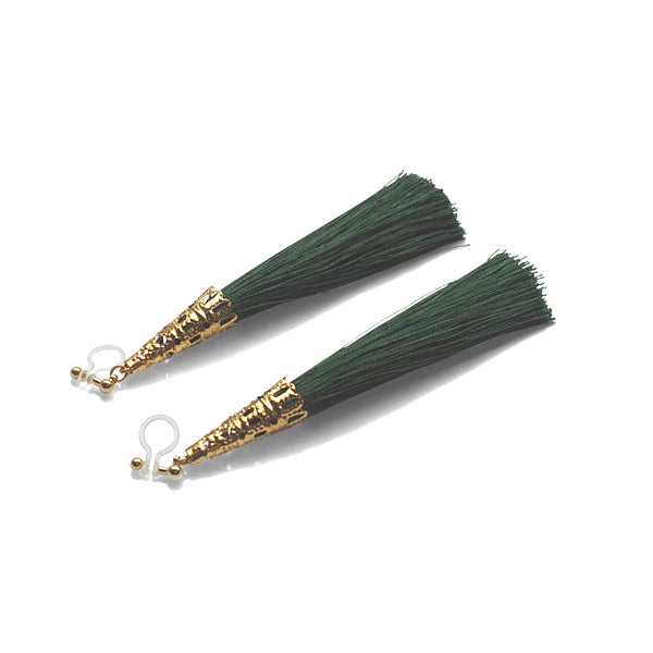 Long Green Tassel Invisible Clip On Earrings - Miyabi Grace