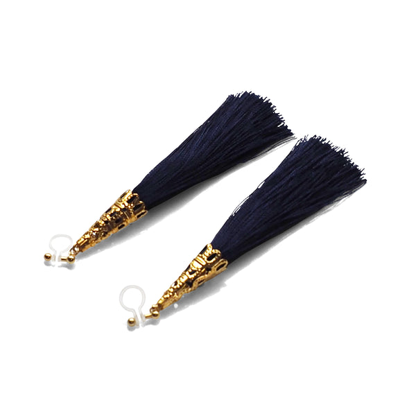 Long Navy Blue Tassel Invisible Clip On Earrings - Miyabi Grace