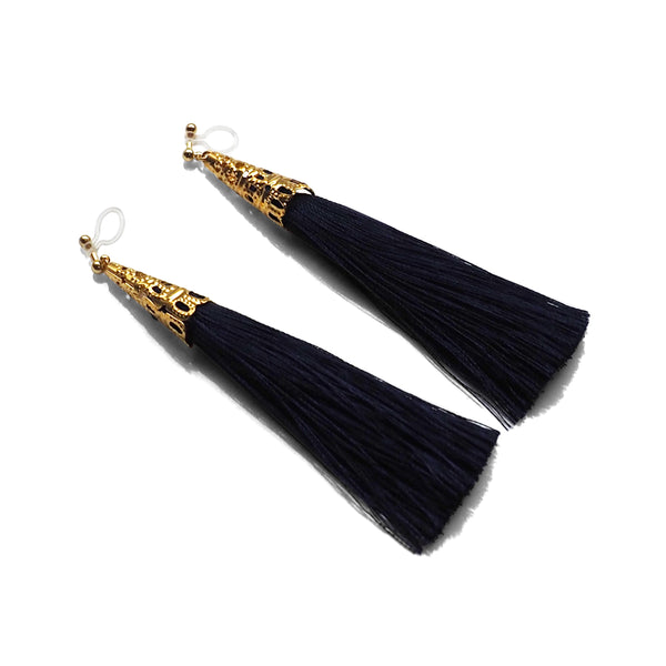 Long Navy Blue Tassel Invisible Clip On Earrings - Miyabi Grace