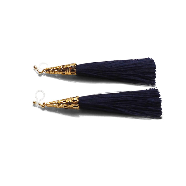 Long Navy Blue Tassel Invisible Clip On Earrings - Miyabi Grace
