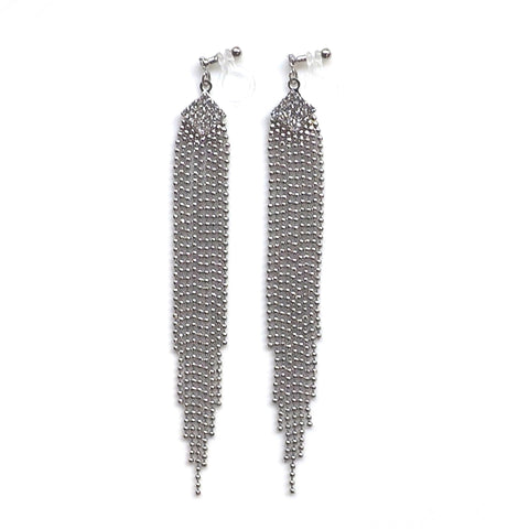 Rhinestone and silver ball chain invisible clip on earrings - Miyabi Grace