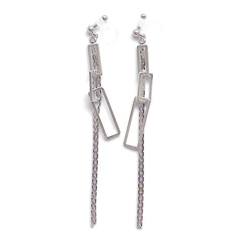 Silver chain and rectangular motif invisible clip on earrings - Miyabi Grace