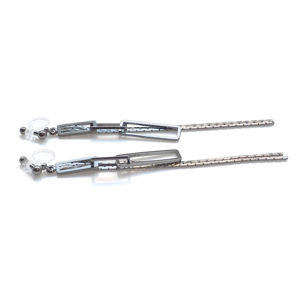 Silver chain and rectangular motif invisible clip on earrings - Miyabi Grace