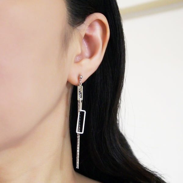 Silver chain and rectangular motif invisible clip on earrings - Miyabi Grace