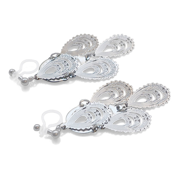 Dangle teardrop silver filigree invisible clip on earrings - Miyabi Grace