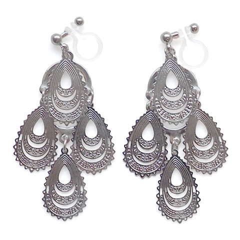 Dangle teardrop silver filigree invisible clip on earrings - Miyabi Grace