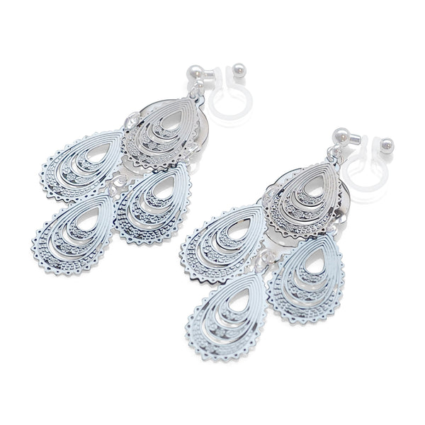 Dangle teardrop silver filigree invisible clip on earrings - Miyabi Grace