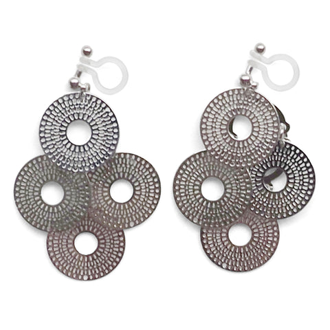 Dangle silver circle filigree invisible clip on earrings - Miyabi Grace