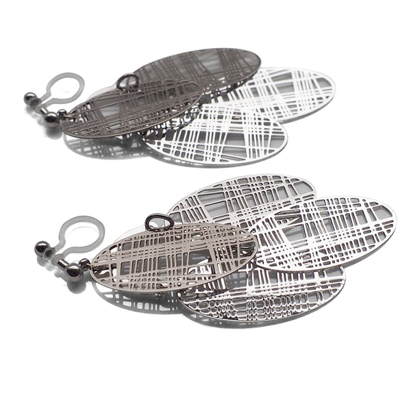 Silver gingham check filigree invisible clip on earrings - Miyabi Grace