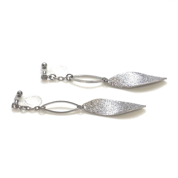 Silver textured metallic leaf invisible clip on earrings - Miyabi Grace