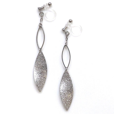 Silver textured metallic leaf invisible clip on earrings - Miyabi Grace