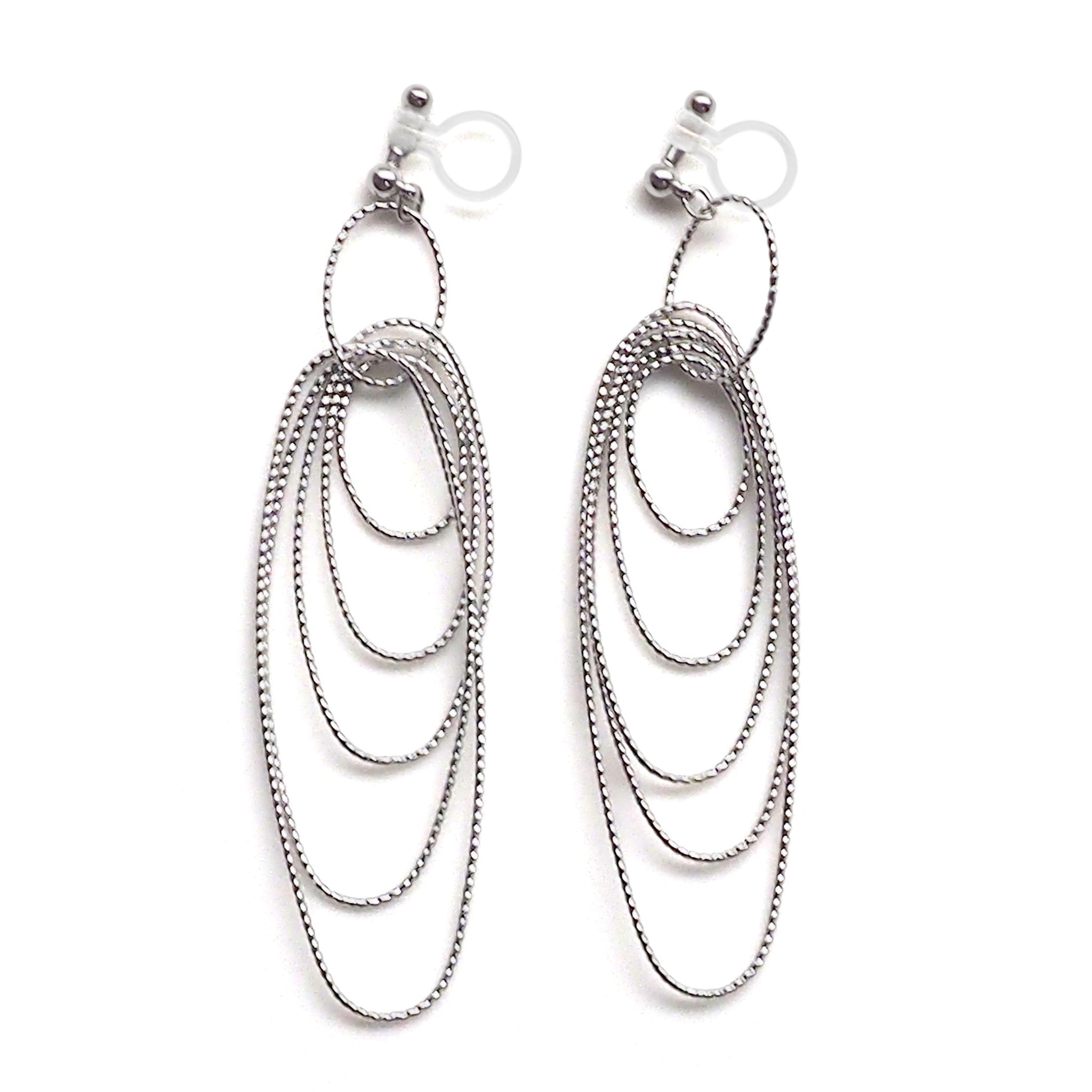 Dangle silver textured hoop invisible clip on earrings - Miyabi Grace