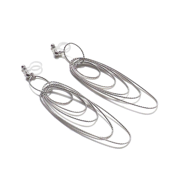 Dangle silver textured hoop invisible clip on earrings - Miyabi Grace