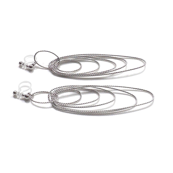 Dangle silver textured hoop invisible clip on earrings - Miyabi Grace