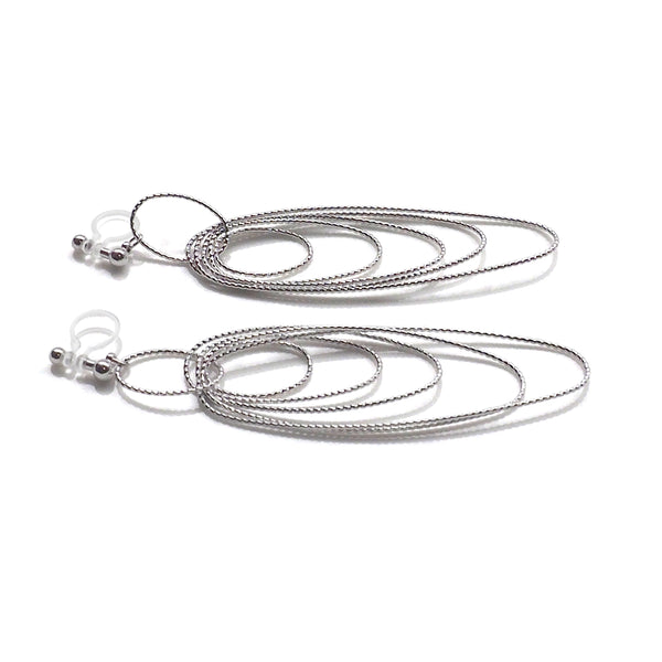 Dangle silver textured hoop invisible clip on earrings - Miyabi Grace